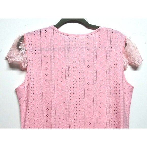 Womens top blouse 1X/2X/3X Pink EYELET KNIT romantic STRETCH lace CAP sleeve - Picture 10 of 12
